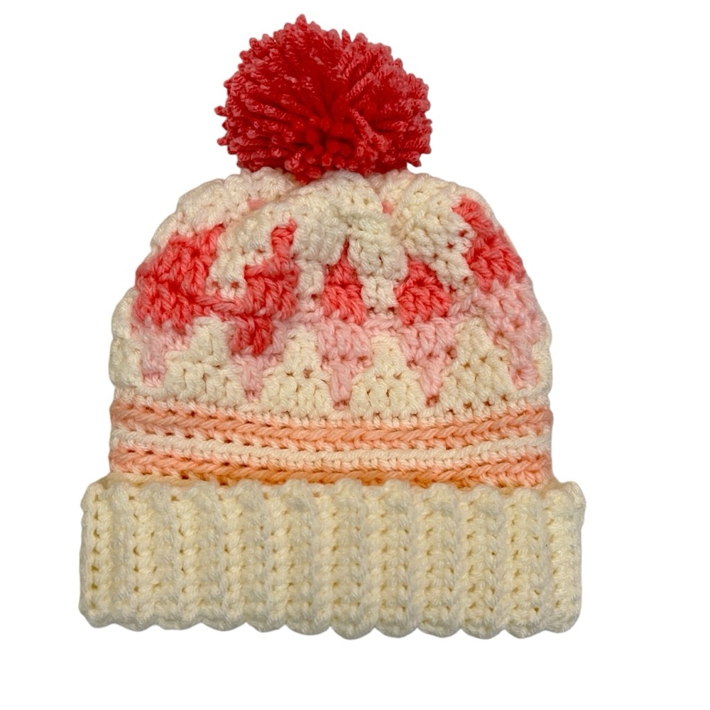 Pink and Cream Handmade Crochet Mosaic Pattern Pom-Pom Beanie Hat NWOT